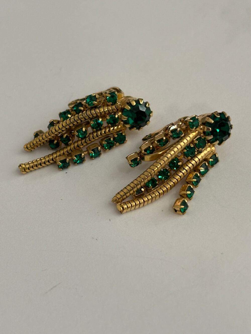 Vintage Gold Tone Earrings Green Rhinestones Clip On